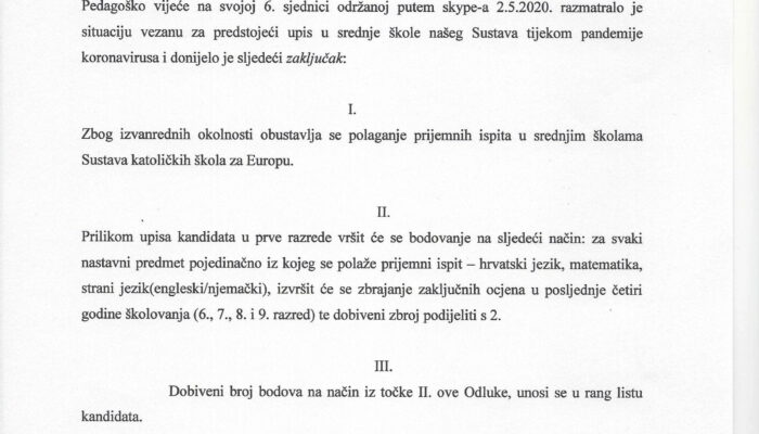 Zaključak Pedagoškog vijeća o obustavljanju prijemnih ispita u školskoj 2019./2020. godini